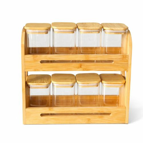 8pcs glass storage bottle with bamboo stand
